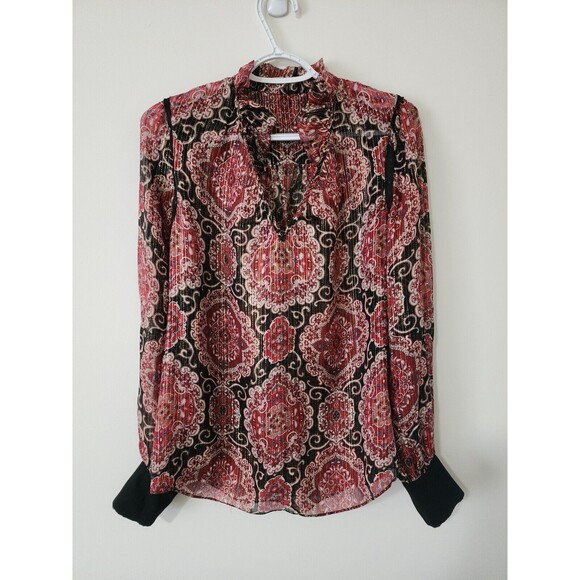 Kate Spade Womens Blouse Red Gold Black Long Sleeve Ruffles Sheer *FLAW* Size S - Picture 3 of 9